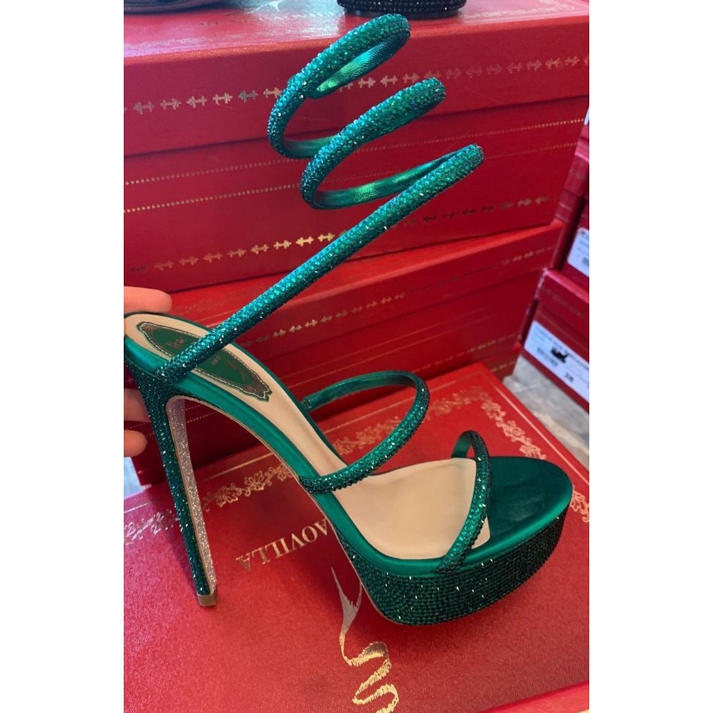 RENE CAOVILLA GREEN SATIN/EMERALD STRASS SANDALS